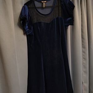 Hot Topic Navy Velvet Dress with Sheer Polka Dot Yoke